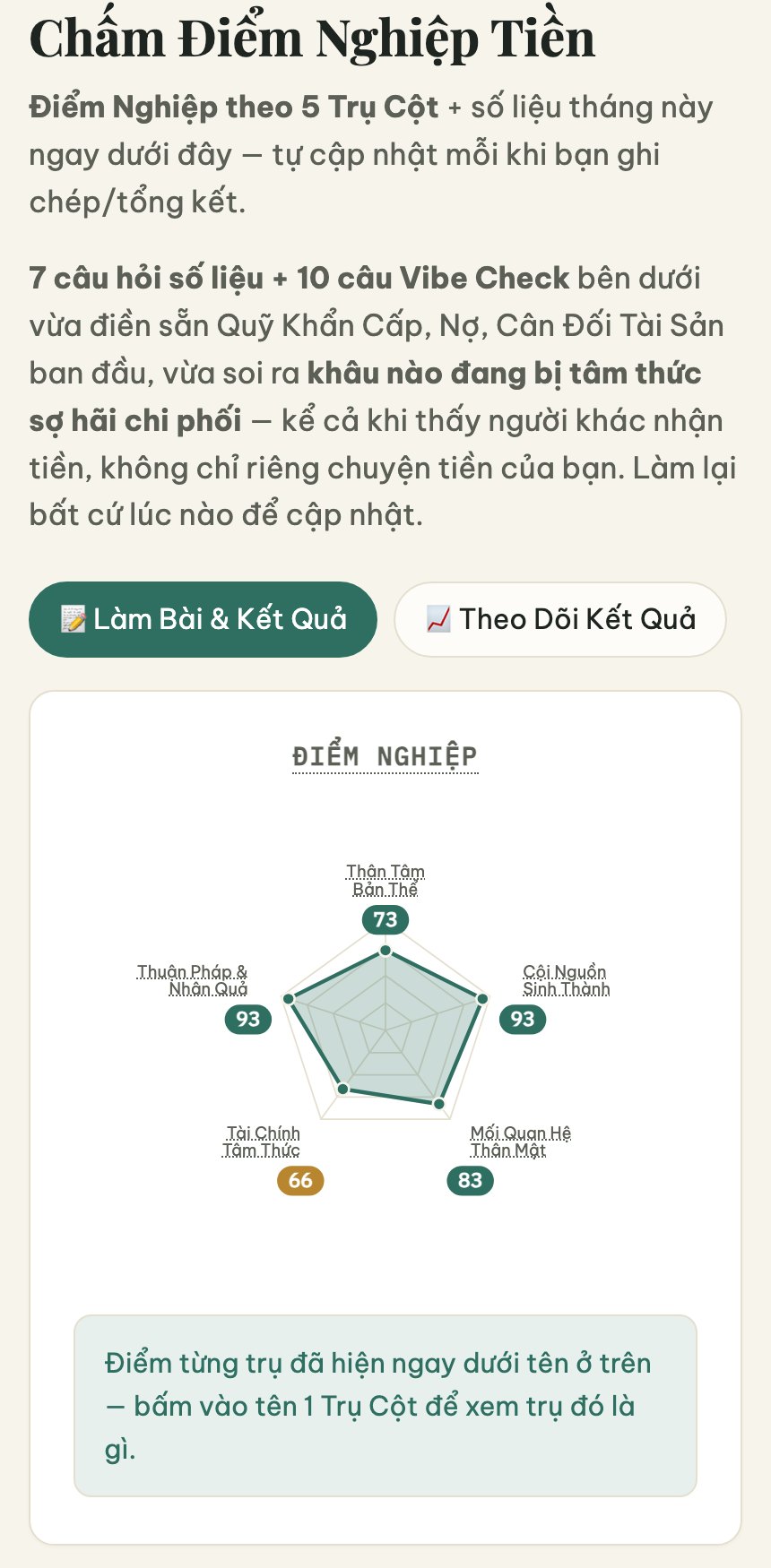 Chấm Điểm Nghiệp Tiền — màn hình trong app