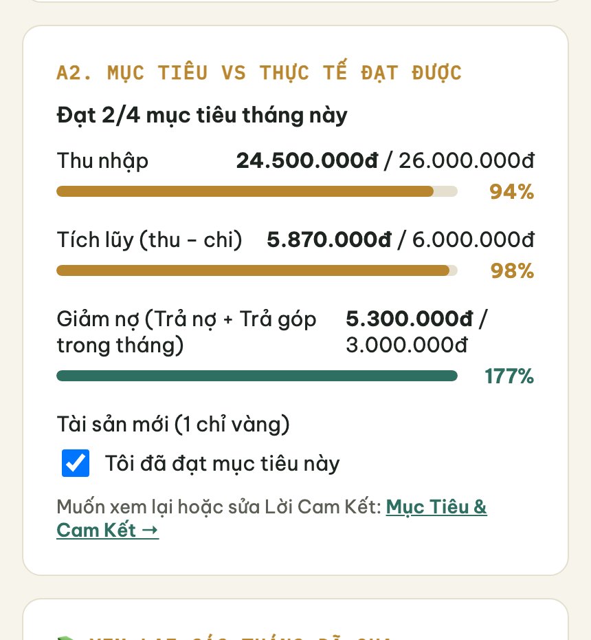 Mục tiêu vs thực tế — màn hình trong app