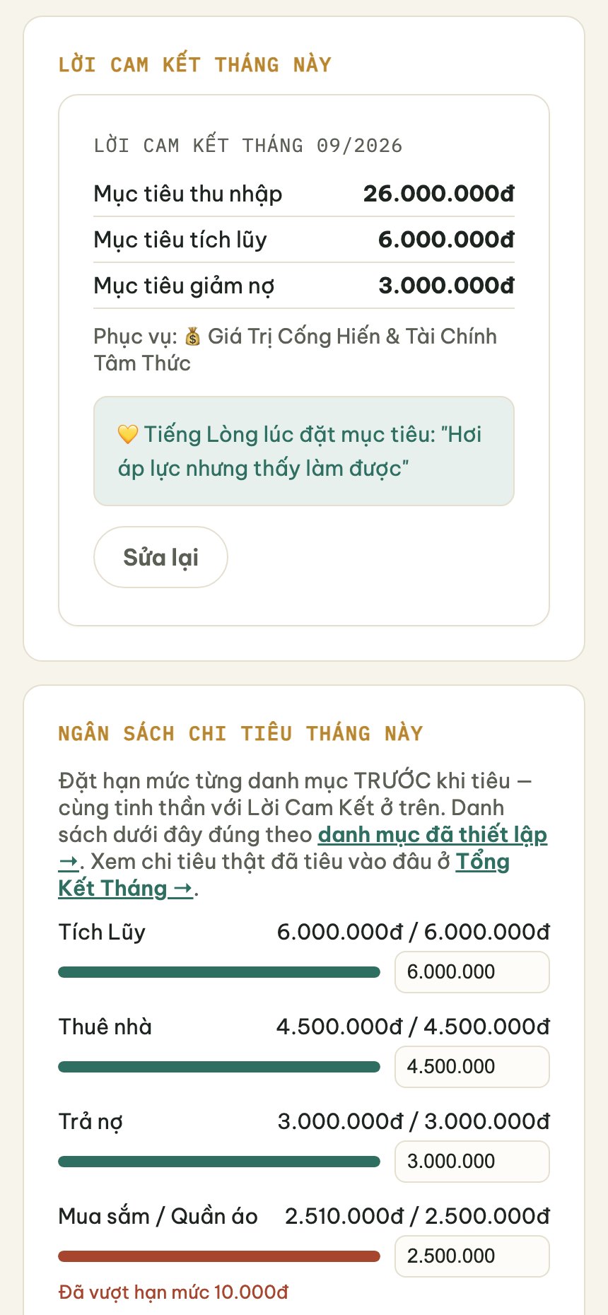 Lời Cam Kết đầu tháng — màn hình trong app