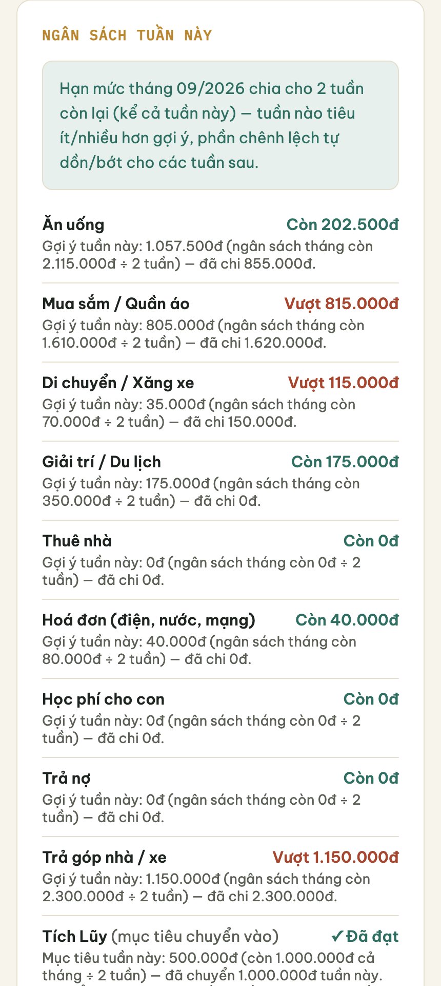 Ngân sách tự chia theo tuần — màn hình trong app