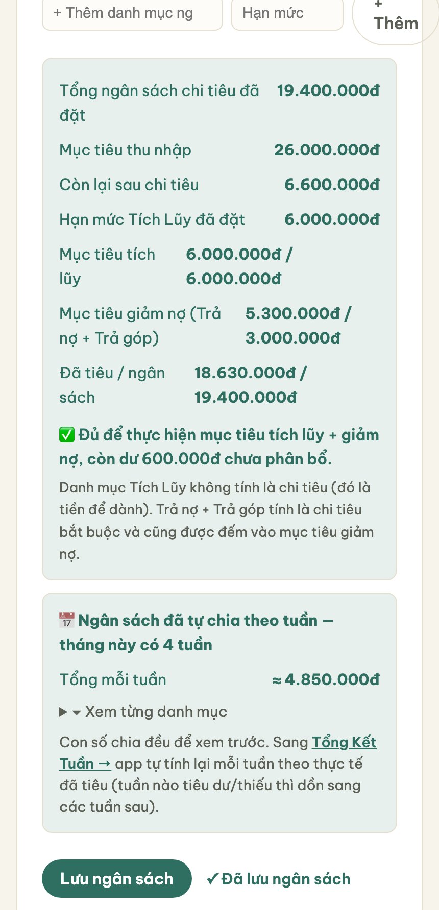 Ngân sách + cân đối tự tính — màn hình trong app