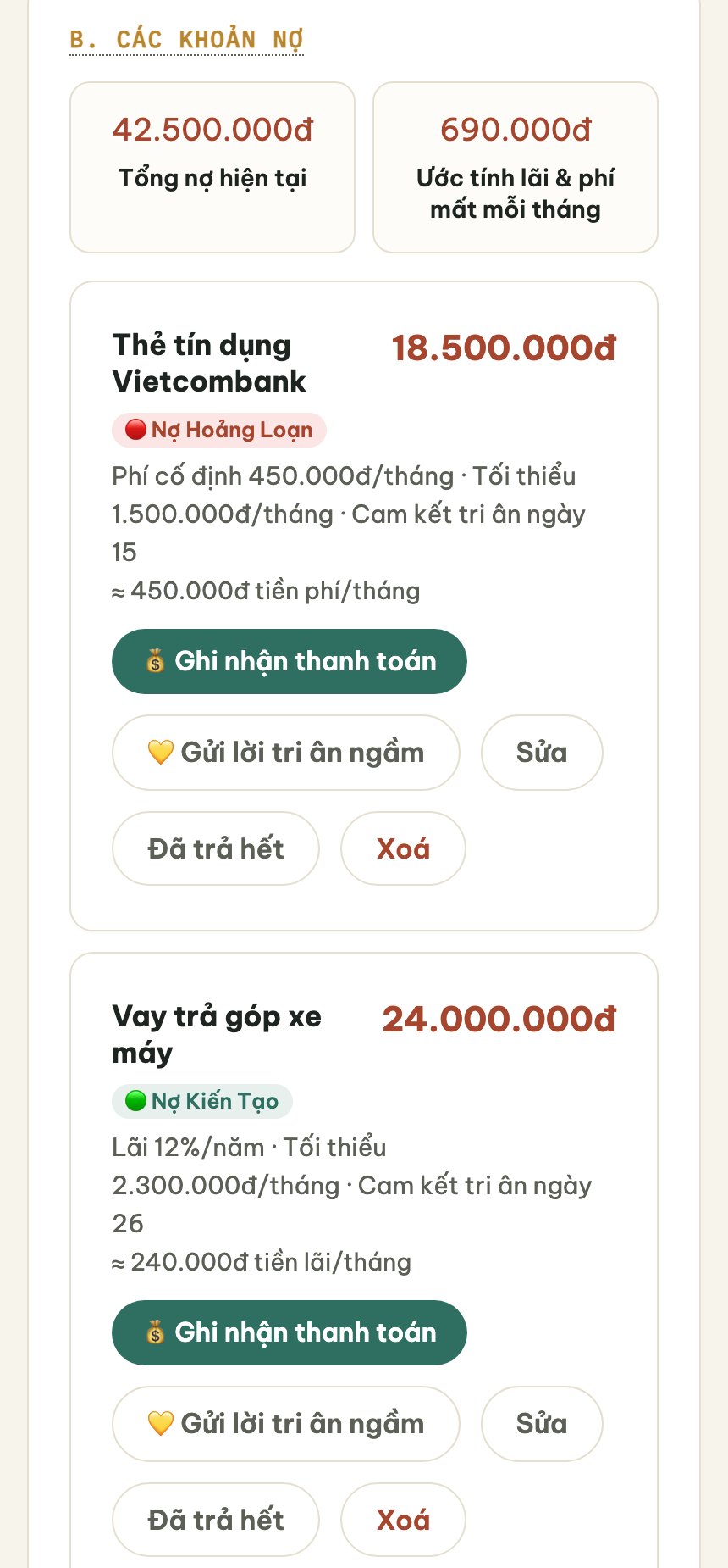 Quản Lý Nợ — màn hình trong app