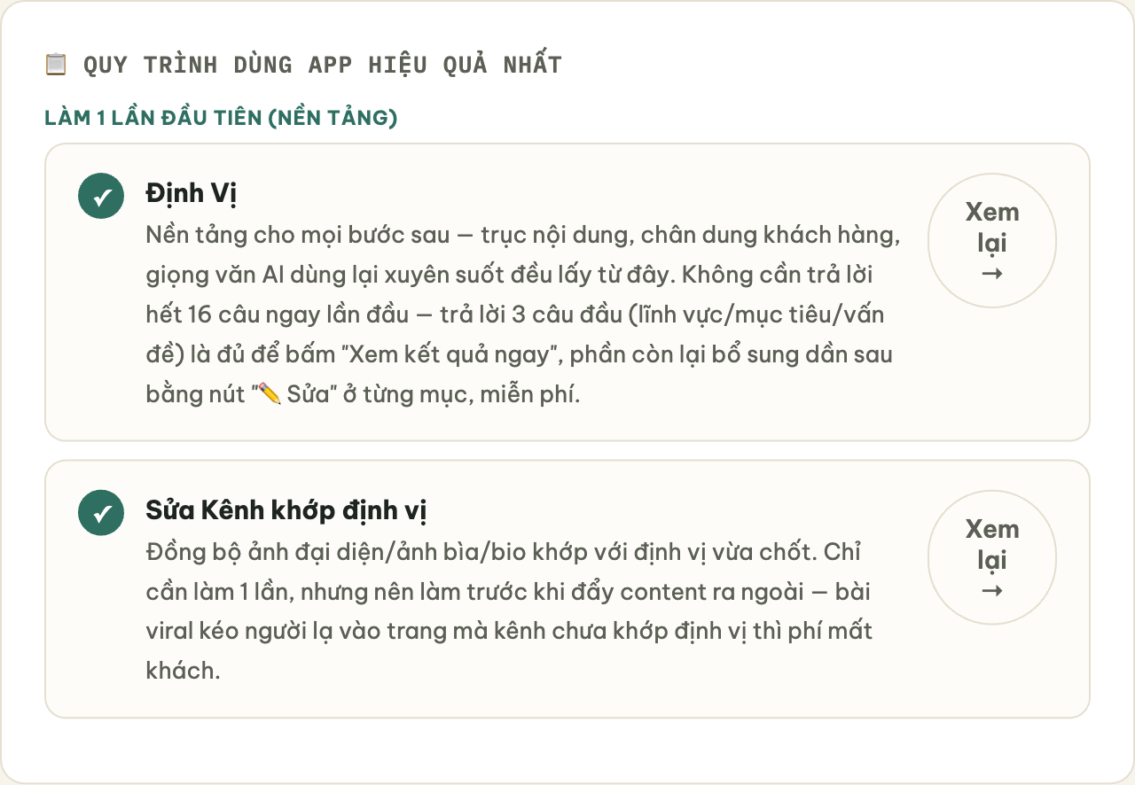 Ảnh chụp checklist quy trình dùng app Xây Nhân Hiệu
