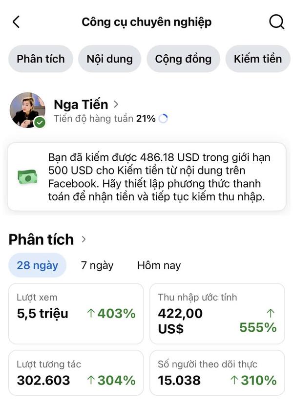 Dashboard kiếm tiền nội dung Facebook của Nga Tiến